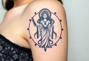 A blindfolded goddess standing in the center of a cosmic circle, with one hand holding a feather and the other a heart, symbolizing fairness in karma. tattoo idea