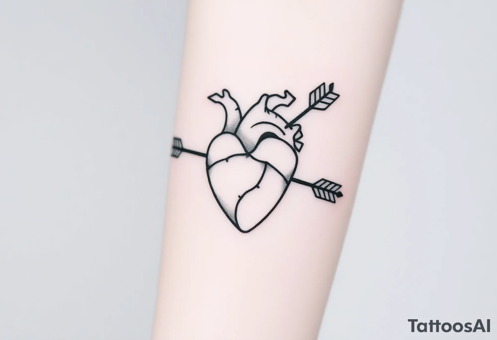 anatomical heart pierced by ornate arrow with flowing ribbons tattoo idea