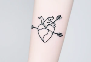 anatomical heart pierced by ornate arrow with flowing ribbons tattoo idea