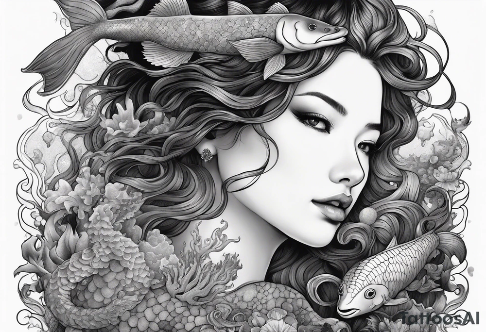 Full-body portrait of an ethereal woman of the sea surrounded by deep sea creatures. tattoo idea