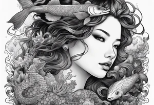 Full-body portrait of an ethereal woman of the sea surrounded by deep sea creatures. tattoo idea