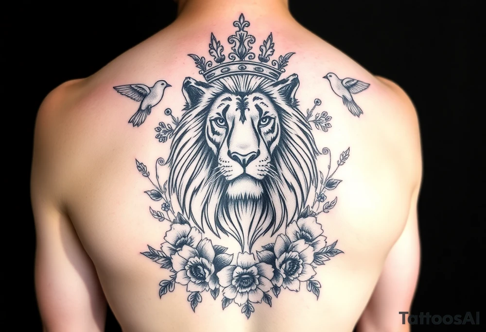 powerful majestic lion with a crown, surrounded by floral ornaments and birds tattoo idea