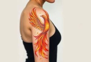 magnificent phoenix rising from golden flames with trailing embers tattoo idea