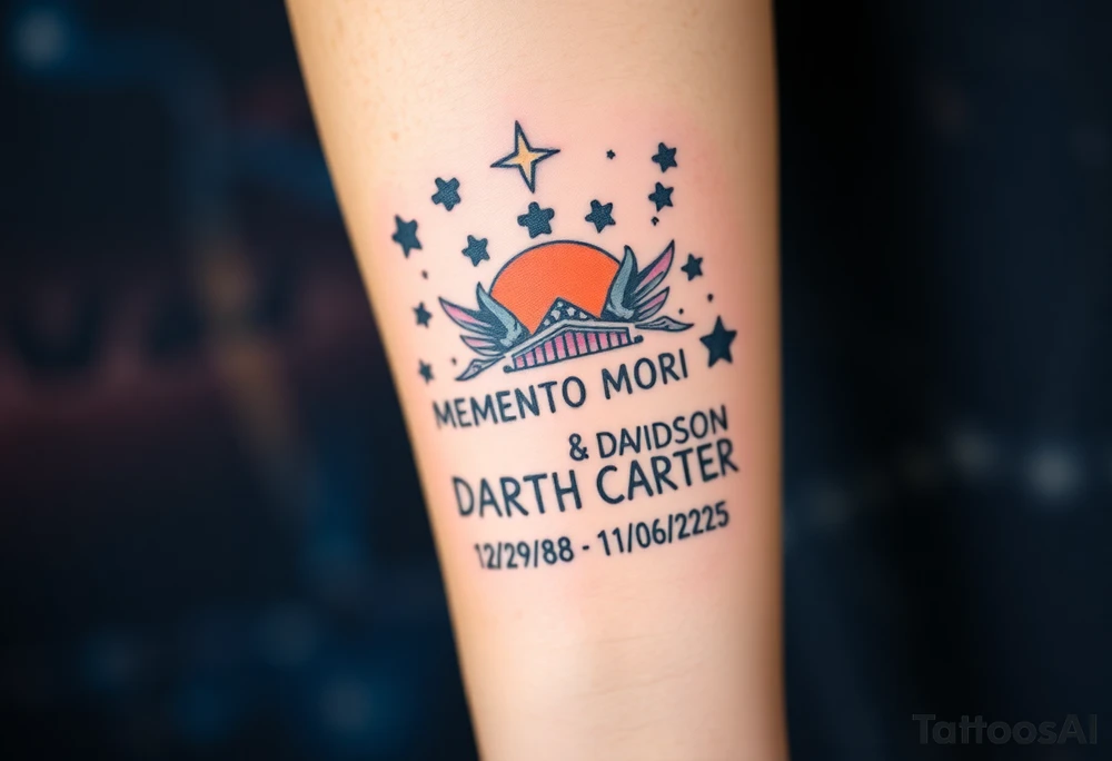 futuristic, spacey, memory tattoo: star wars, space, Harley Davidson, skateboarding, camping, puzzle pieces, video games, heaven, god, outdoors, bullets, words MEMENTO MORI & DARTH CARTER 12/29/88-01/06/2025 tattoo idea