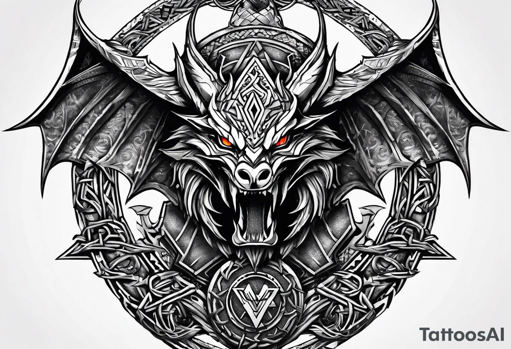 Valhalla sword shield dragon axe Valknut barbed wire chains tribal tattoo idea Valhalla sword shield dragon axe Valknut barbed wire chains tribal tattoo idea