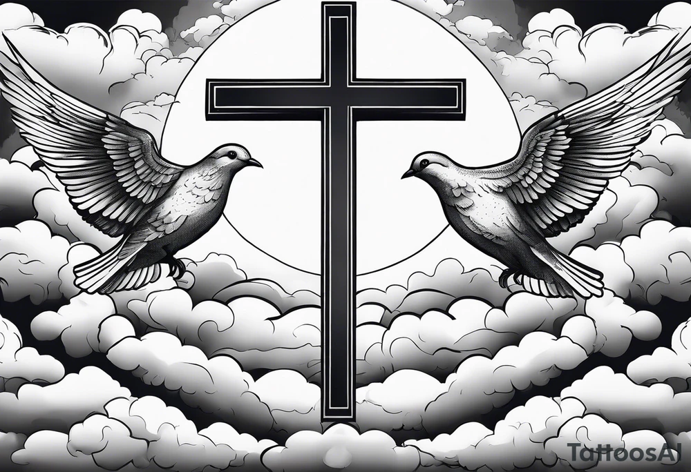 Clouds with doves and a outline of a cross tattoo idea
