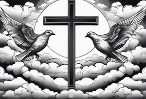 Clouds with doves and a outline of a cross tattoo idea