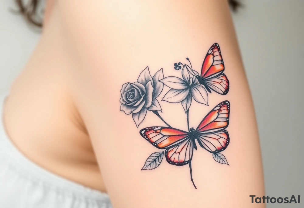 Rose and daffodil with 2 red butterflies one larger than other tattoo idea