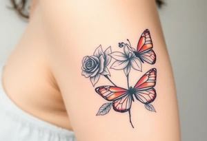 Rose and daffodil with 2 red butterflies one larger than other tattoo idea