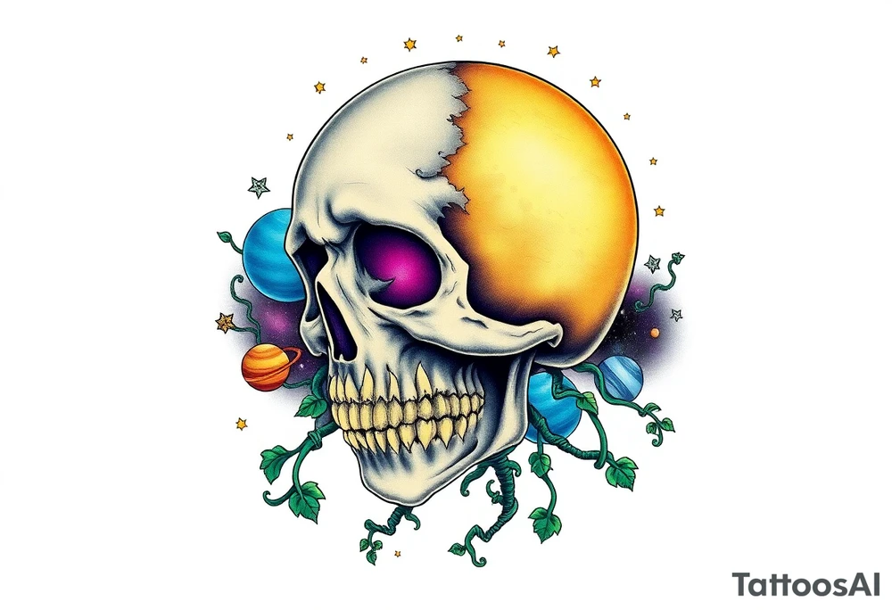 gothic skull as the moon and life as the sun. intertwined with climbing  vines as space dust connecting planets and galaxy in background of skull really bright colors used for the planets and stars shade's of Purple, Blue and black as the backdrop for galaxy tattoo idea