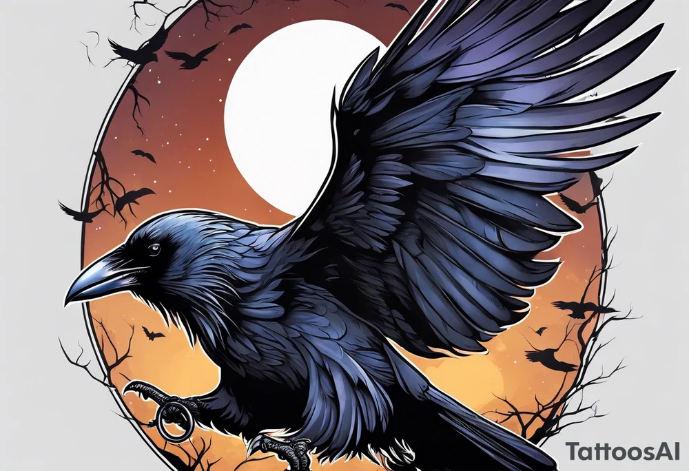 Gothic raven flying holding a light at night tattoo idea
