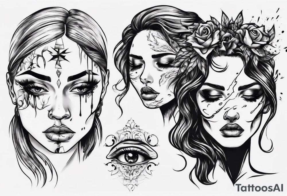 Woman’s face with and one eye is crying tattoo idea