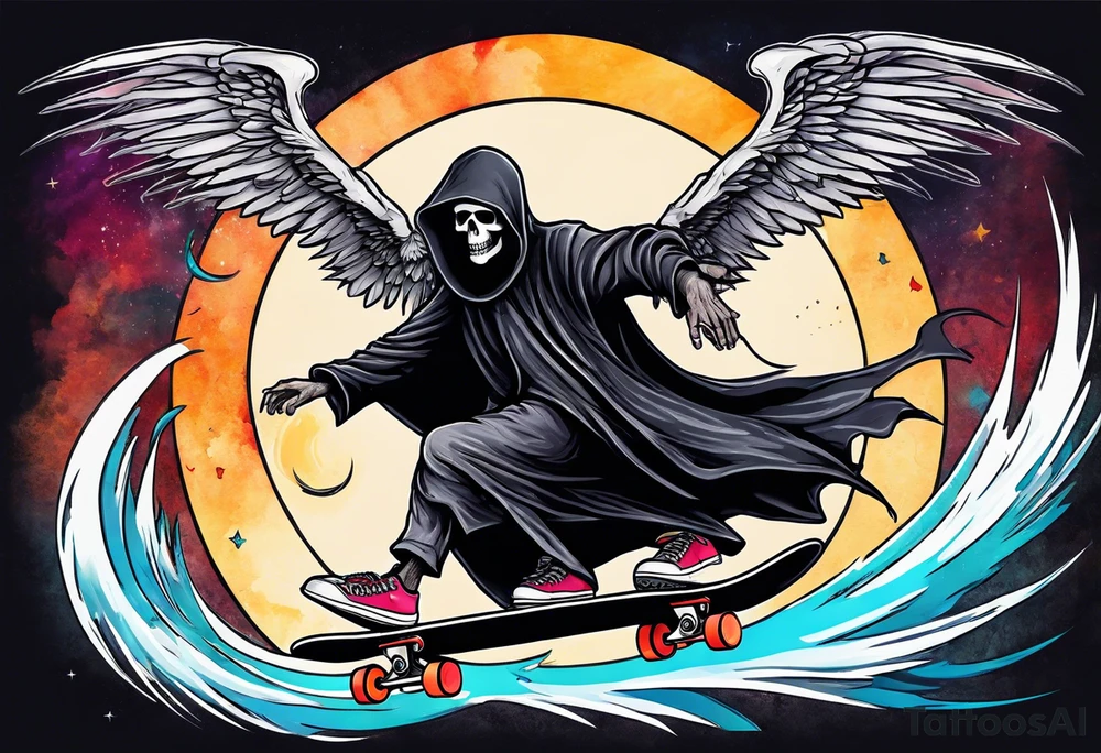 the grim reaper riding a skateboard with an angel halo above his head tattoo idea