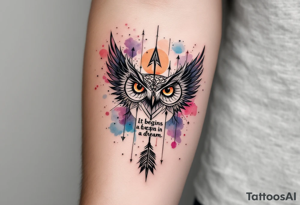 Tattoo inspired in the gifted brain in geometric and straight lines, with few watercolor details but mostly black, symbols representing intelligence, creativity and dreaming flying arround, the phrase "It begins with a dream", vertical owl wings behind and delicate and discrete owl eyes looking forwar, and an arrow crossing from above with watercolors leaking from it tattoo idea