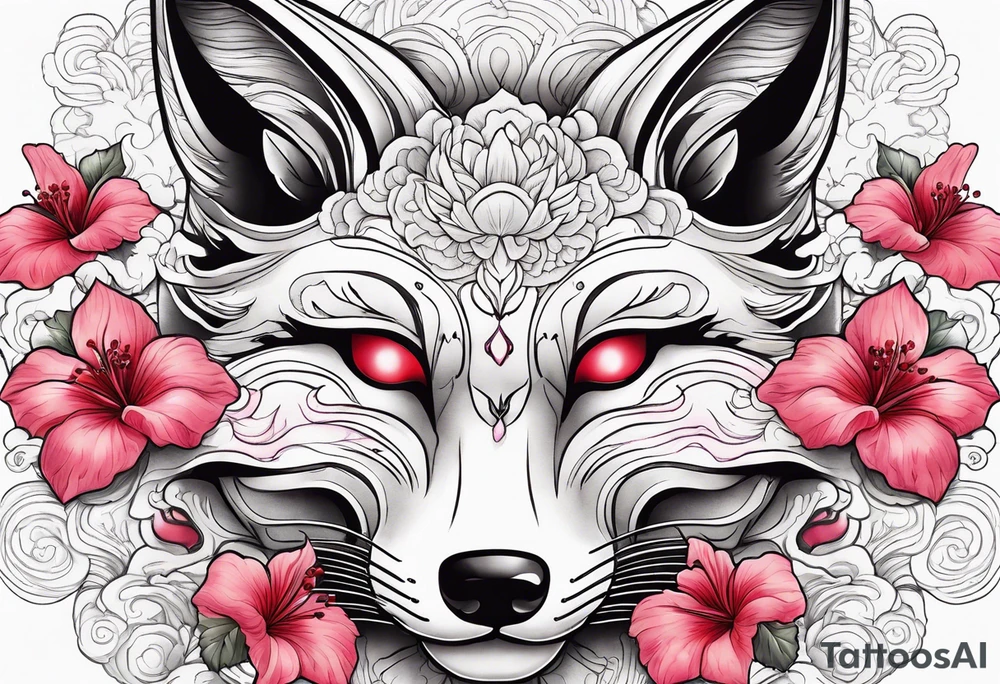 White japanese mask that looks like a kitsune with red accents and pink hibiscus flowers tattoo idea