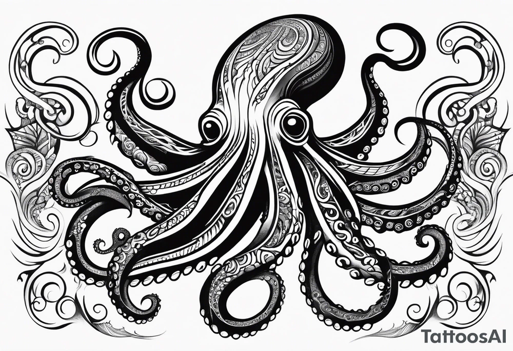 Hawaii tribal octopus with thick lines, less detail, and water waves tattoo idea