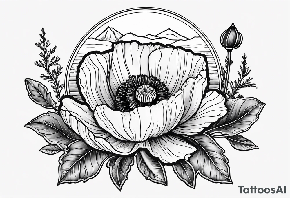one poppy flower with an anchor and two mountains behind it tattoo idea