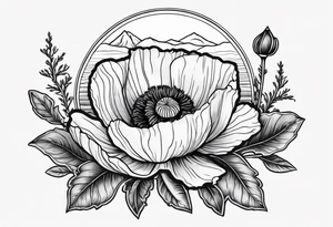 one poppy flower with an anchor and two mountains behind it tattoo idea
