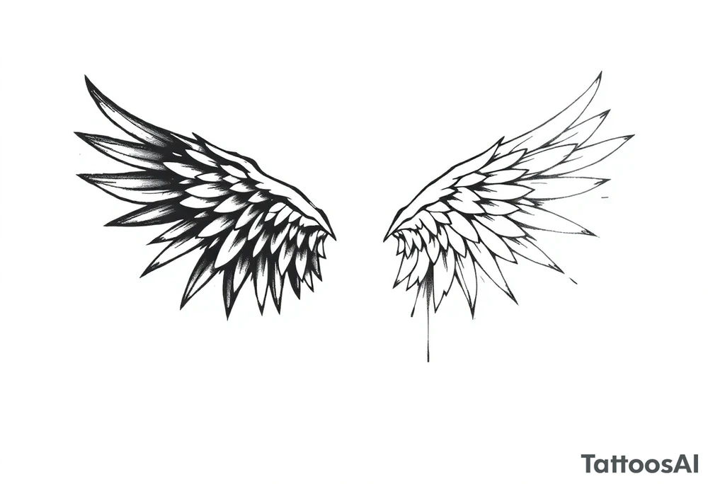 the wings go up

This tattoo design features a pair symmetrical angel wings drawn in black ink with a rough, sketch-like style. The left wing is darker, more defined, and appears denser, while the right wing is lighter, more delicate, and fragmented, creating a contrast between the two. The feathers are sharp and irregular, with fine lines and stray strokes extending outward, adding a raw and artistic feel. The overall look is dynamic and slightly chaotic, giving the impression of movement or an unfinished, ethereal form. This design symbolizes duality, freedom, transformation, or even struggle, making it a meaningful and visually striking tattoo. tattoo idea