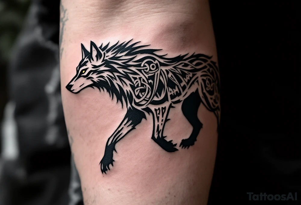 Celtic Wolf with Ogham Script – Gray wolf walking forward, Celtic knots along its spine, and ancient Ogham runes in dark brown along its legs. tattoo idea