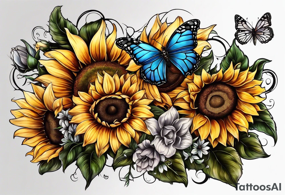 Sleeve with cross, sunflowers and butterflies tattoo idea