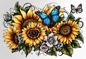 Sleeve with cross, sunflowers and butterflies tattoo idea