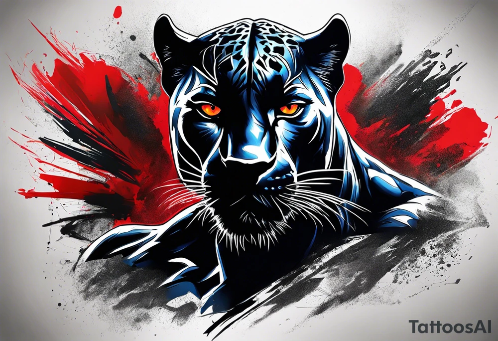 unique black panther tattoo, dynamic pose, showcasing its strength and grace, striking red eyes, intense and captivating elements, artistic flair, blending realism with abstract elements tattoo idea