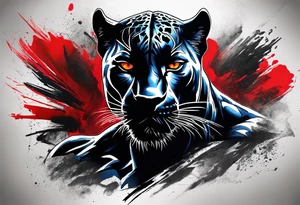 unique black panther tattoo, dynamic pose, showcasing its strength and grace, striking red eyes, intense and captivating elements, artistic flair, blending realism with abstract elements tattoo idea