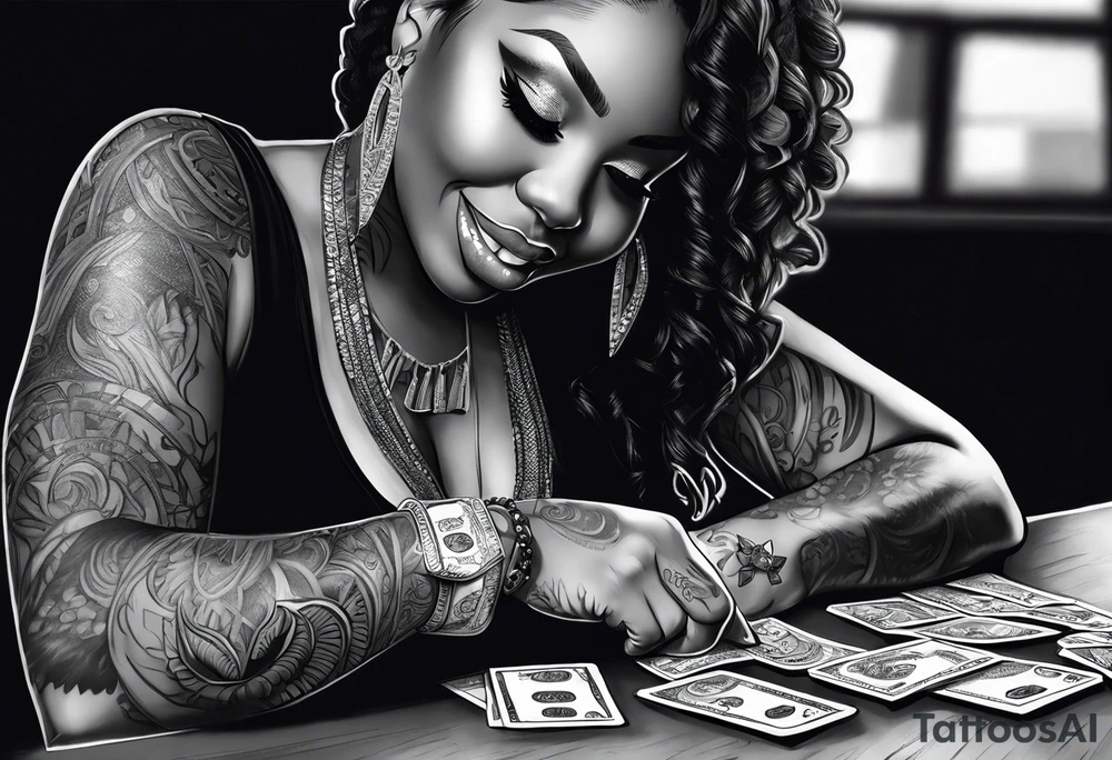 black woman bitting money dice cards whiskey tattoo idea