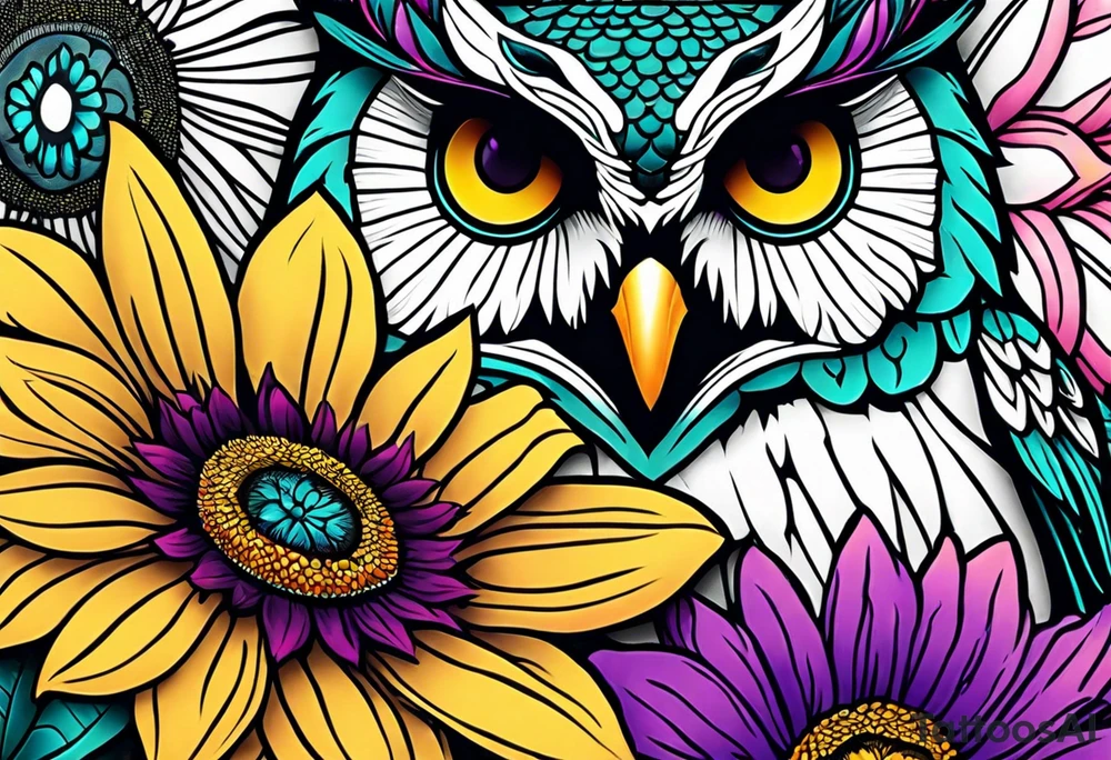 Leg Sleeve with teal, pink and purple owl and yellow sunflowers tattoo idea