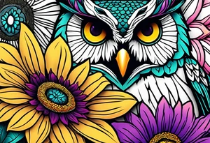 Leg Sleeve with teal, pink and purple owl and yellow sunflowers tattoo idea
