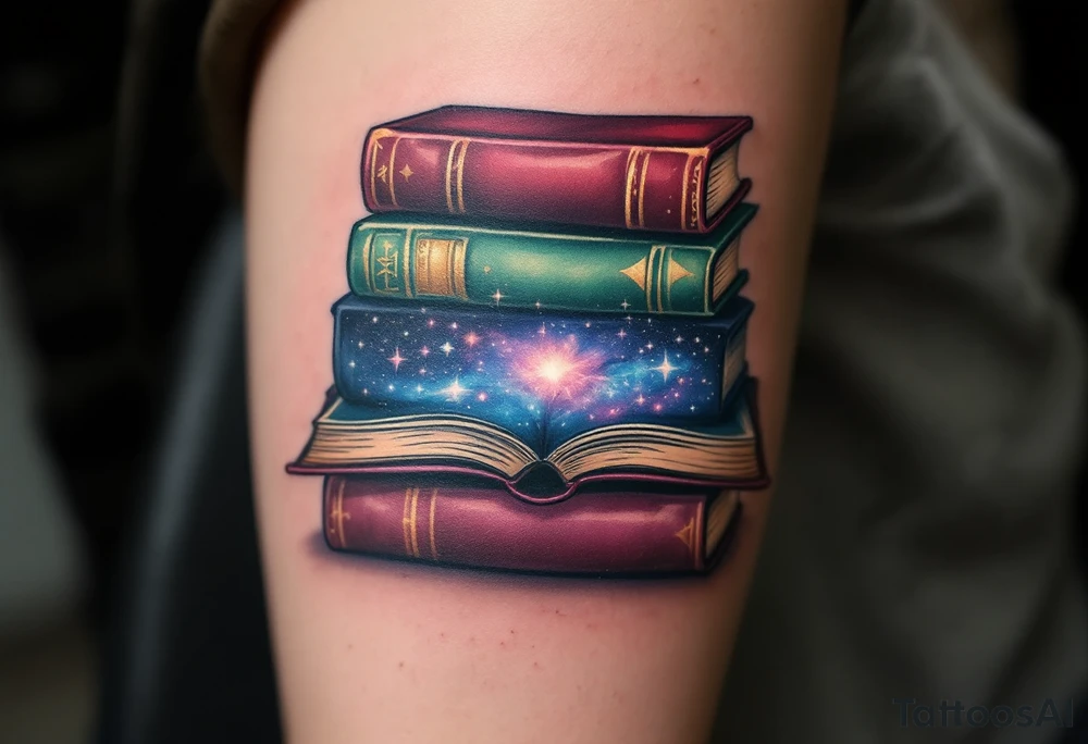 Stack of Classic Novels – A realistic tattoo of a stacked pile of books with vintage worn covers in rich burgundy, deep green, and faded navy, symbolizing a love for timeless literature.

Galaxy Within the Pages – An open book with cosmic blues, purples, and silver tattoo idea
