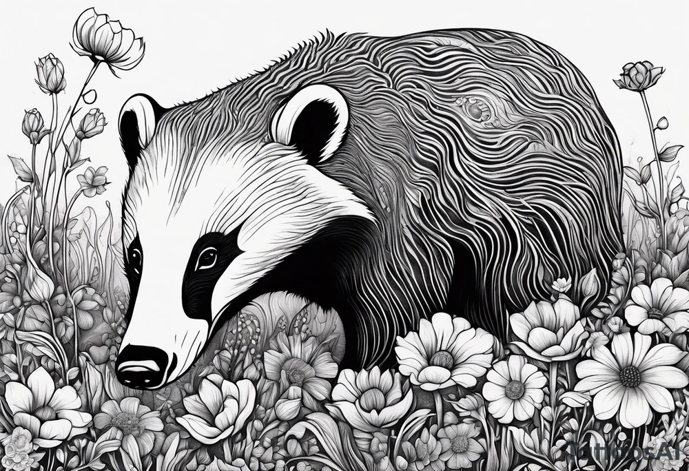 Trippy, badger with a cub in a field of flowers tattoo idea