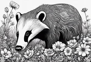 Trippy, badger with a cub in a field of flowers tattoo idea