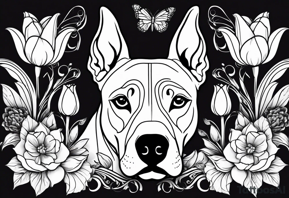 american staffordshire with floral backgrounds and tulips with a butterfly and an amstaff dog. tattoo idea