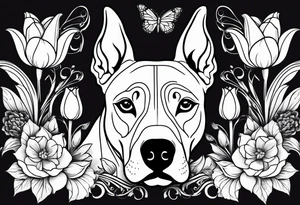 american staffordshire with floral backgrounds and tulips with a butterfly and an amstaff dog. tattoo idea
