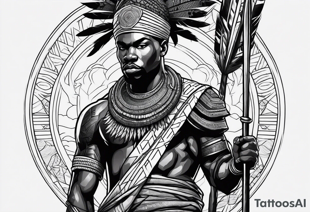 African warrior with tribe scars holding a spear with animals in the background tattoo idea