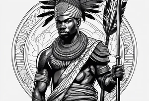 African warrior with tribe scars holding a spear with animals in the background tattoo idea
