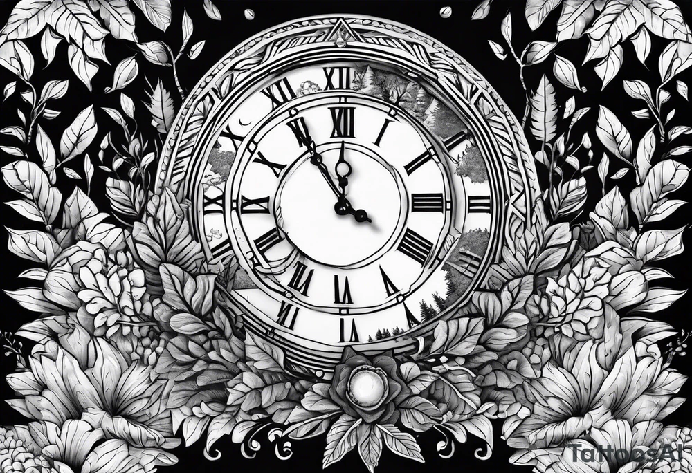 Clock centerpiece surrounded by forest tattoo idea