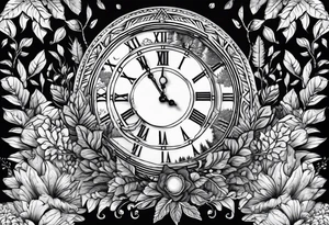 Clock centerpiece surrounded by forest tattoo idea