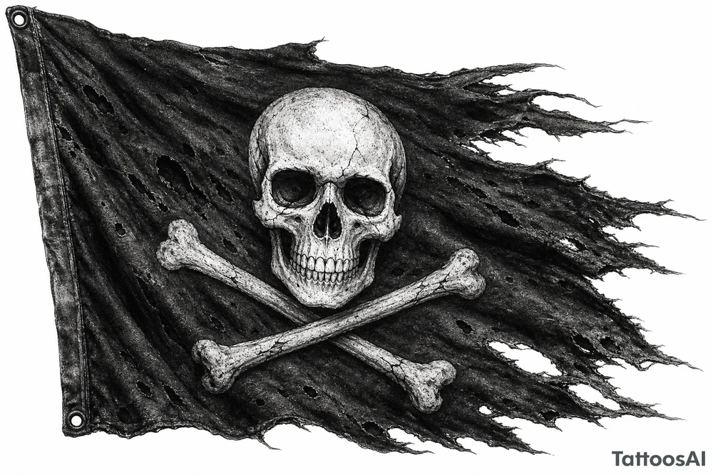 Tattered Jolly Roger flag, frayed edges, torn canvas texture, close-up. tattoo idea