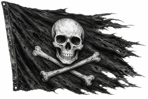 Tattered Jolly Roger flag, frayed edges, torn canvas texture, close-up. tattoo idea