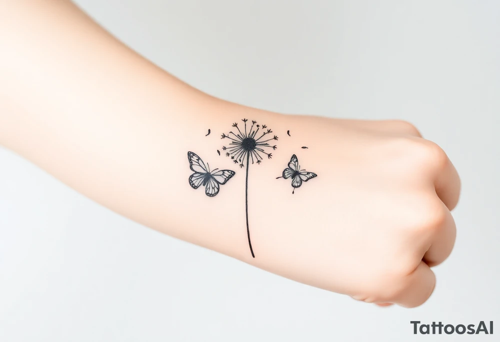 a dandelion and two (2) minimalistic butterflies flying around it. The course of the butterflies is shown tattoo idea