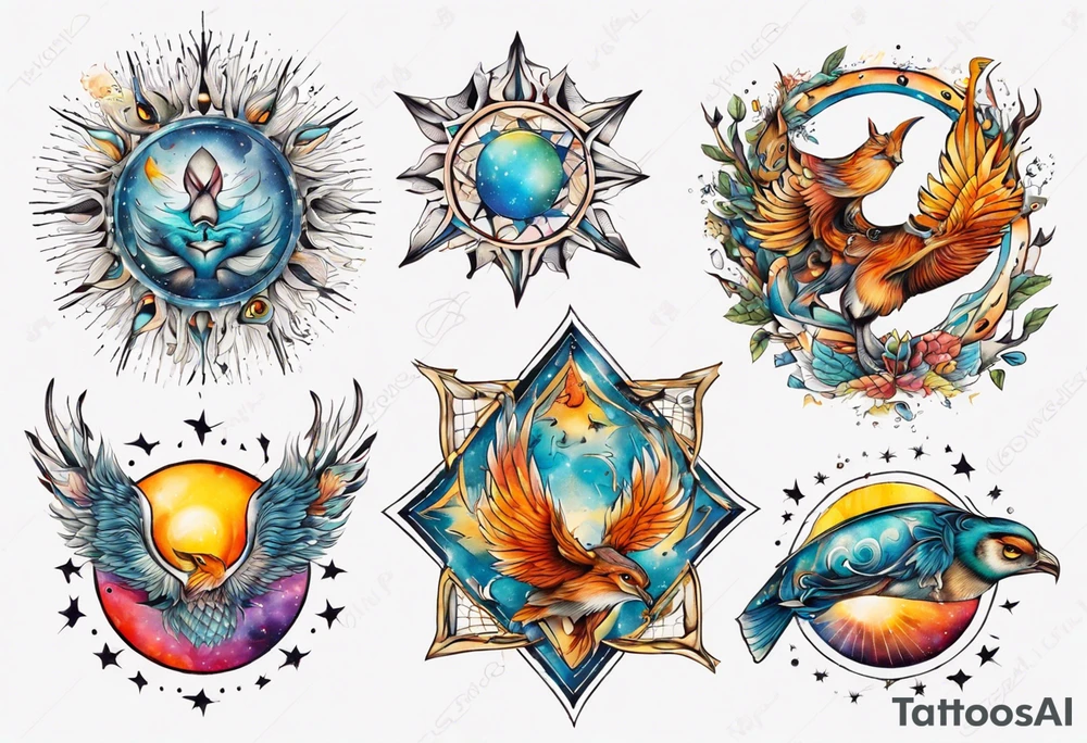 fisch, fuchs und eule , symetrie  sonne, universum, bunt tattoo idea