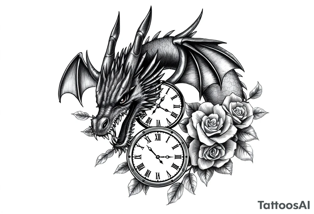 Dark dragon tattoo with clock, dollars and roses on background tattoo idea Dark dragon tattoo with clock, dollars and roses on background tattoo idea