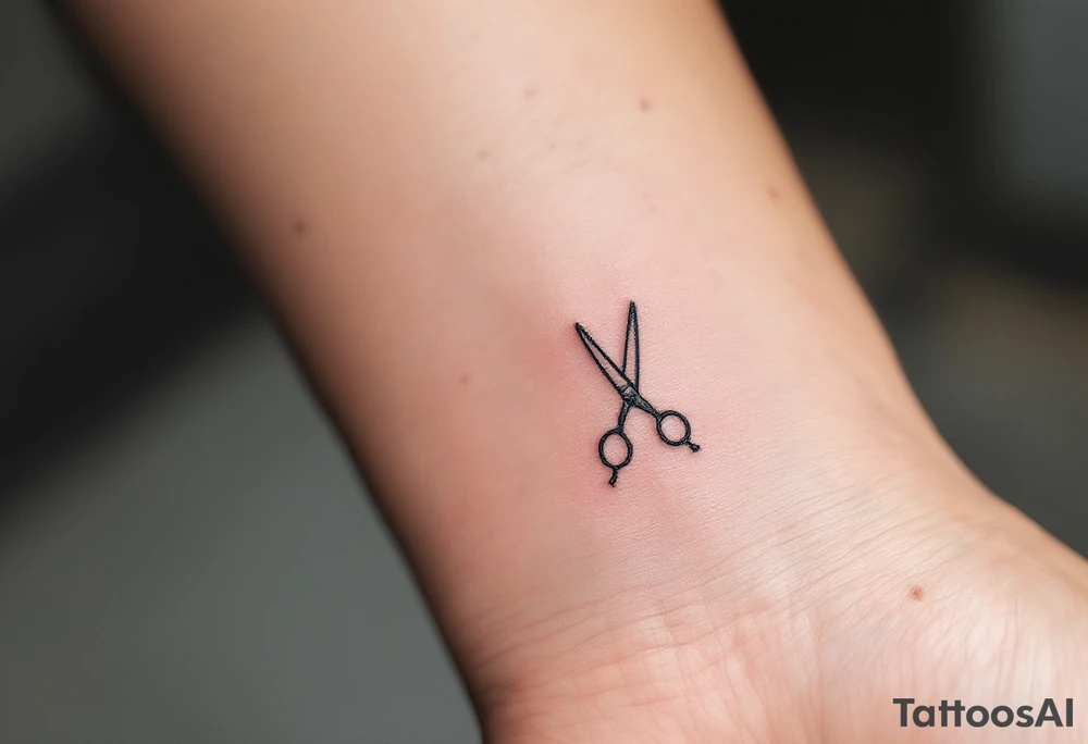 Minimalist Scissors Tattoo – Simple black outline of scissors with a thin, crisp line running through the blades, creating a clean and precise look, perfect for someone who enjoys minimalism and simplicity. tattoo idea