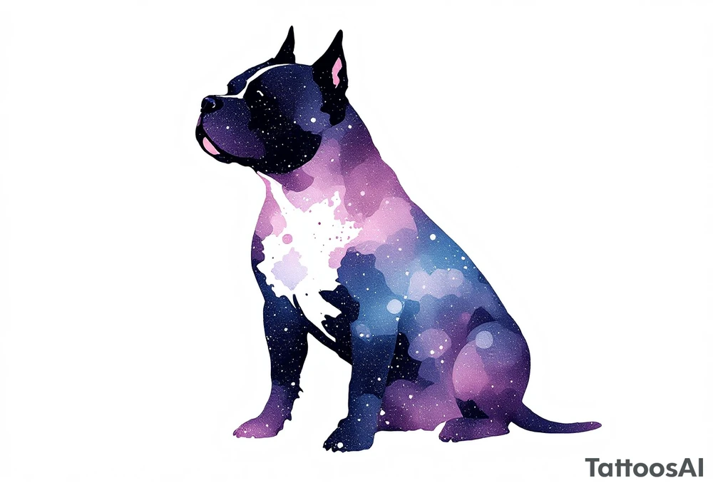 Galaxy Staffbull Silhouette
Silhouette of a sitting Staffbull filled with a galaxy pattern—purple, navy, and starry white dots. Abstract and dreamy. tattoo idea
