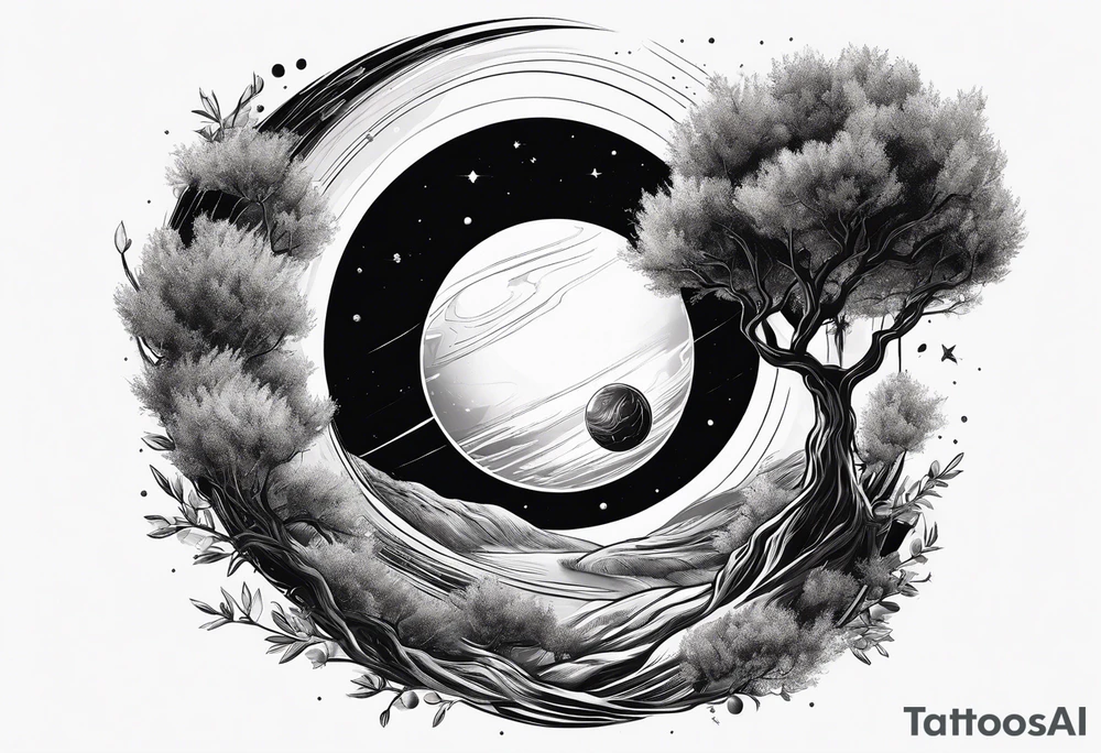 An olive tree in a black hole  with a small Saturn-like planet in in the background. tattoo idea