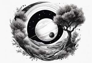 An olive tree in a black hole  with a small Saturn-like planet in in the background. tattoo idea