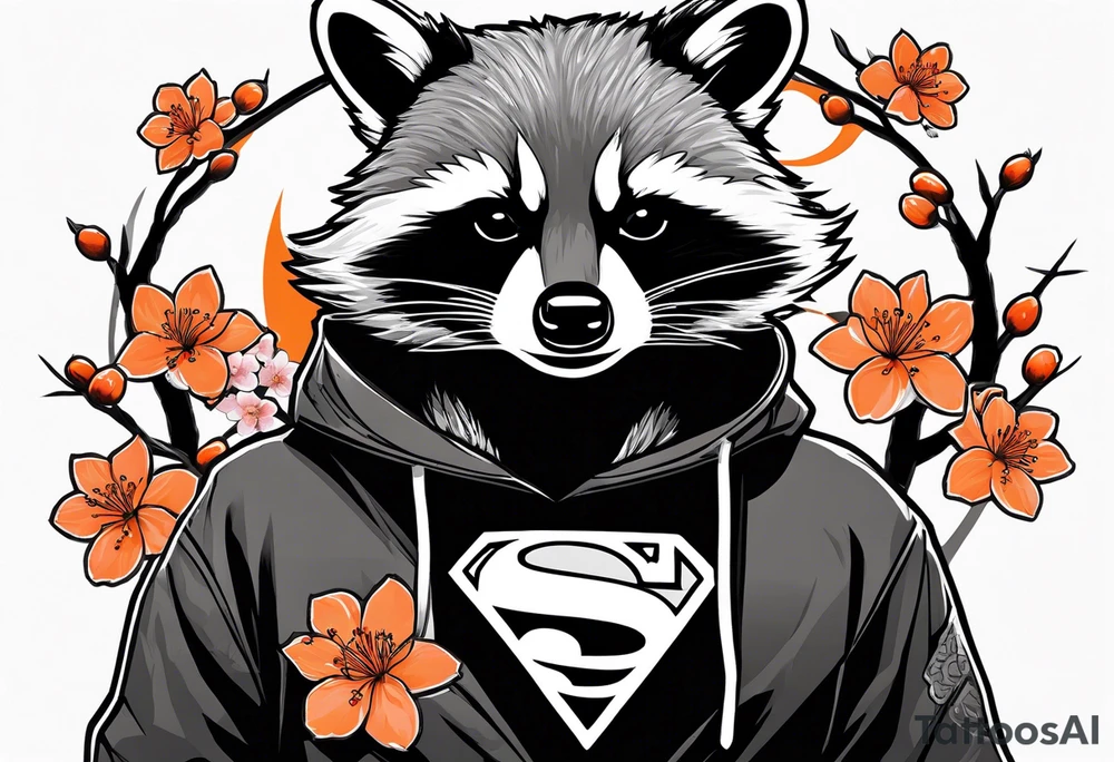 Raccoon wearing a white Superman logo on a black hoodie and orange Japanese cherry blossoms beside tattoo idea